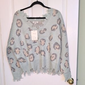Miracle Mint Leopard V-Neck Sweater